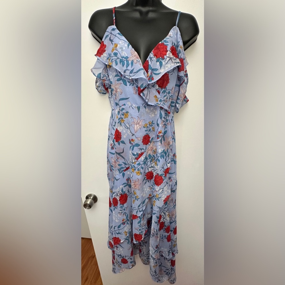 Bardot | Lined, Blue Floral High Low Dress — Off the Shoulder Flutter Sleeves